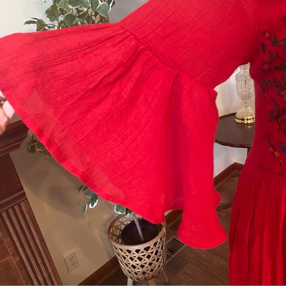 Umgee • Red Embroidered Boho 3/4 Flare Sleeve Mini Dress • Size S • EUC - Picture 4 of 8